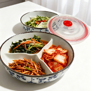 설화 도자기 3칸 나눔찬통 중